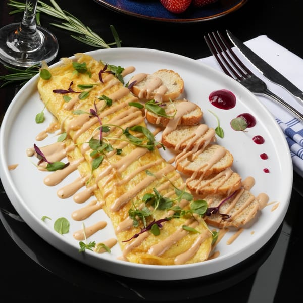 Spanish omelet drizzled with sauce, garnished with microgreens, served with toasted bread and berry jam.