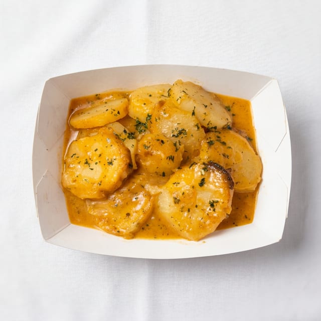 Patatas a lo Pobre con Crema de Chorizo.